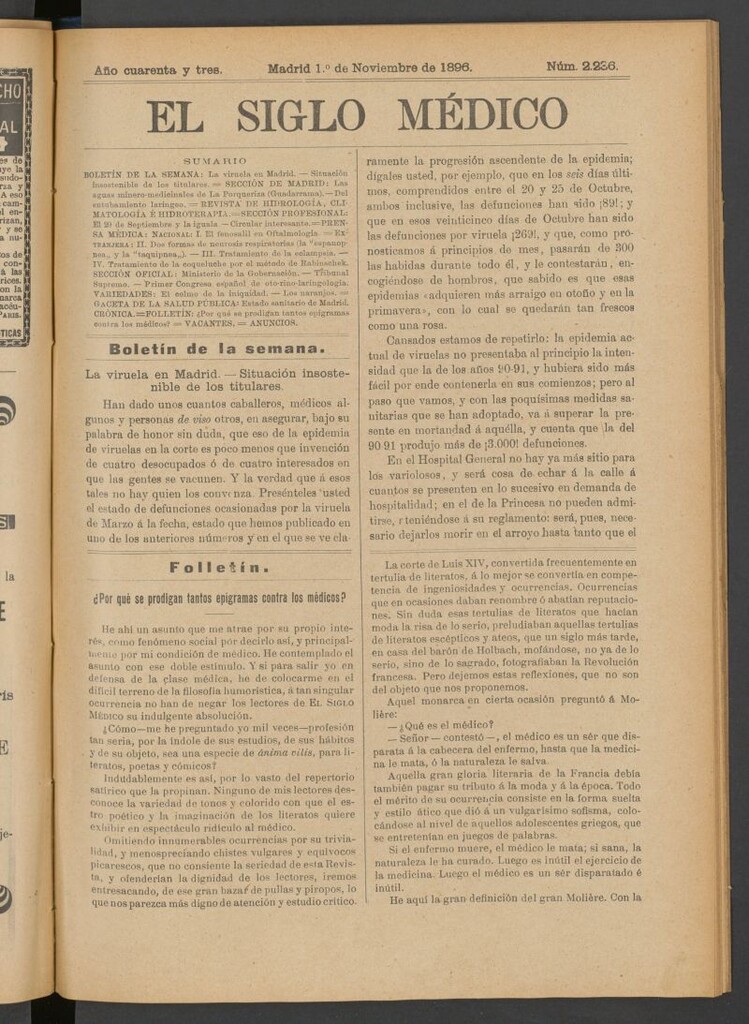 Miniatura de El Siglo Médico: boletín de medicina y gaceta médica del 1 de noviembre de 1896
