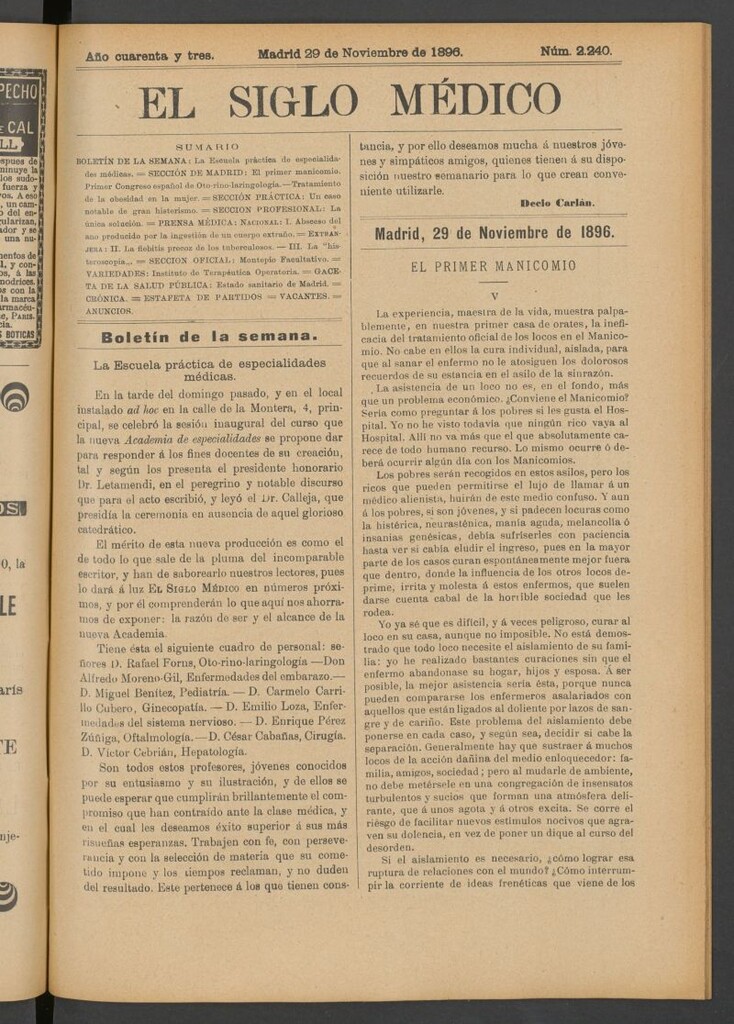 Miniatura de El Siglo Médico: boletín de medicina y gaceta médica del 29 de noviembre de 1896
