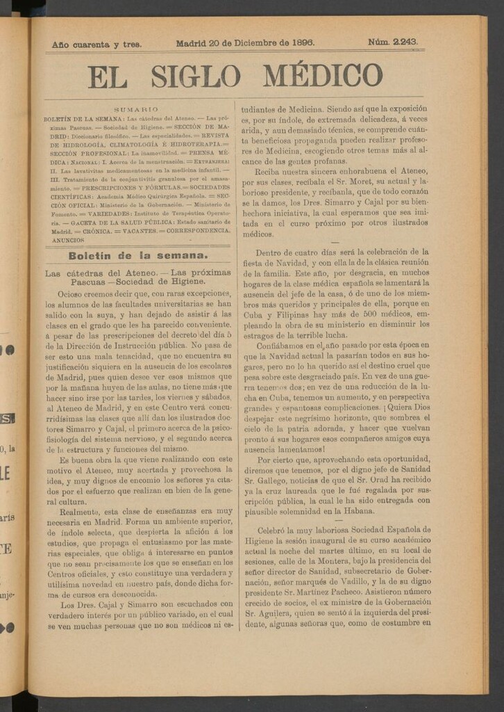 Miniatura de El Siglo Médico: boletín de medicina y gaceta médica del 20 de diciembre de 1896