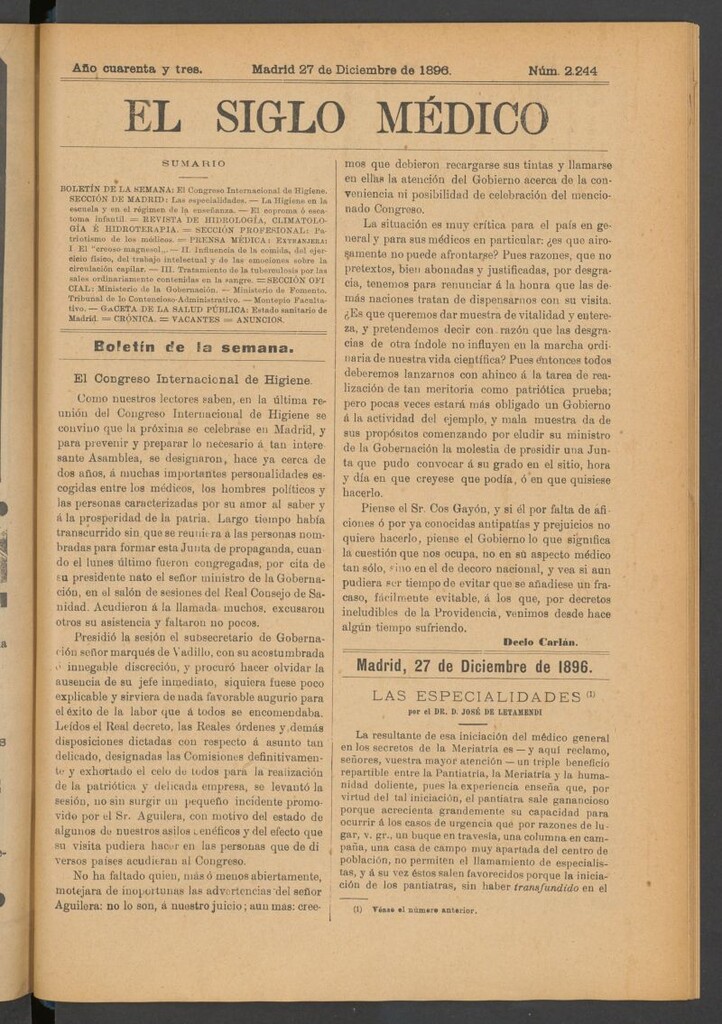 Miniatura de El Siglo Médico: boletín de medicina y gaceta médica del 27 de diciembre de 1896