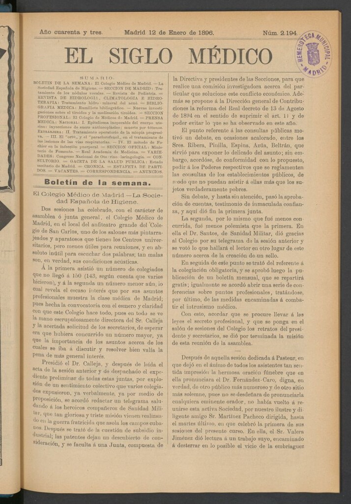 Miniatura de El Siglo Médico: boletín de medicina y gaceta médica del 12 de enero de 1896
