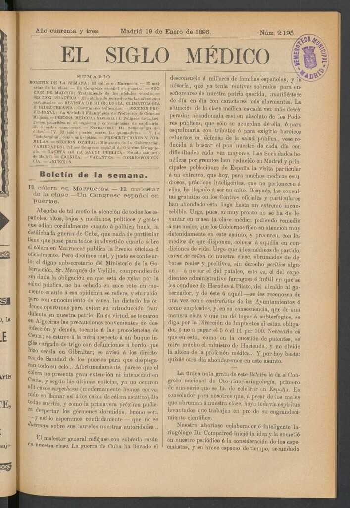 Miniatura de El Siglo Médico: boletín de medicina y gaceta médica del 19 de enero de 1896