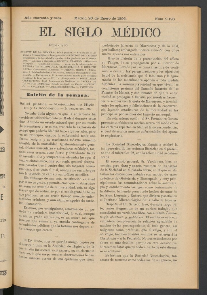 Miniatura de El Siglo Médico: boletín de medicina y gaceta médica del 26 de enero de 1896