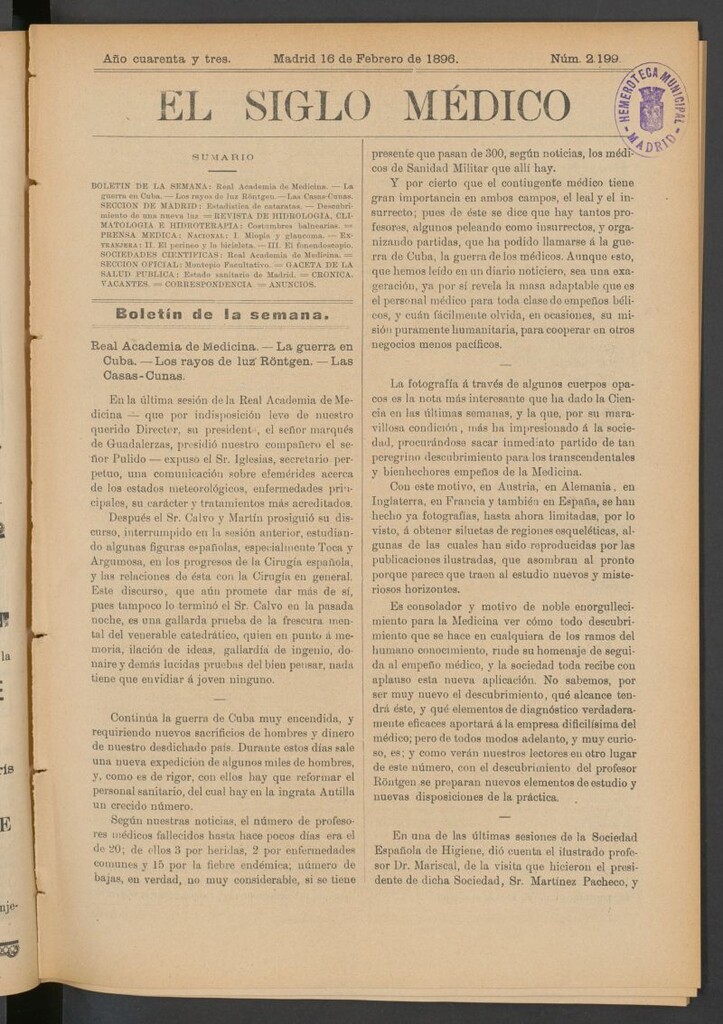 Miniatura de El Siglo Médico: boletín de medicina y gaceta médica del 16 de febrero de 1896
