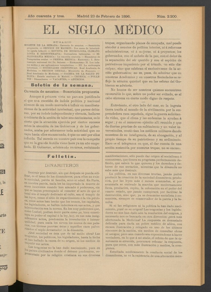 Miniatura de El Siglo Médico: boletín de medicina y gaceta médica del 23 de febrero de 1896
