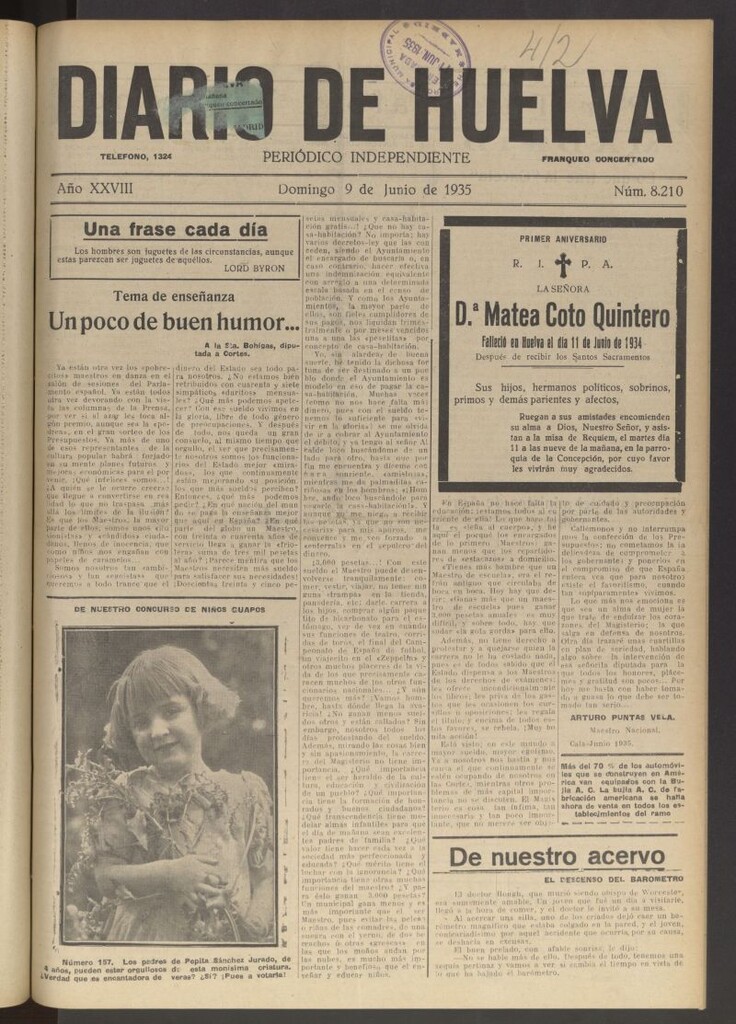 Miniatura de Diario de Huelva : periódico independiente del 9 de junio de 1935