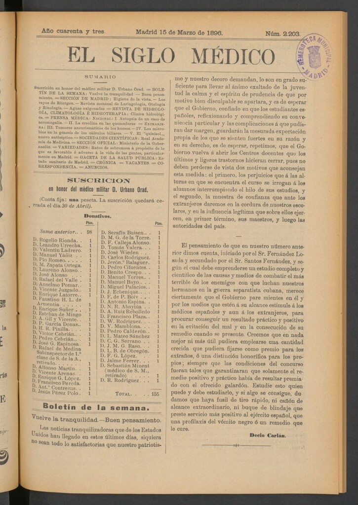 Miniatura de El Siglo Médico: boletín de medicina y gaceta médica del 15 de marzo de 1896