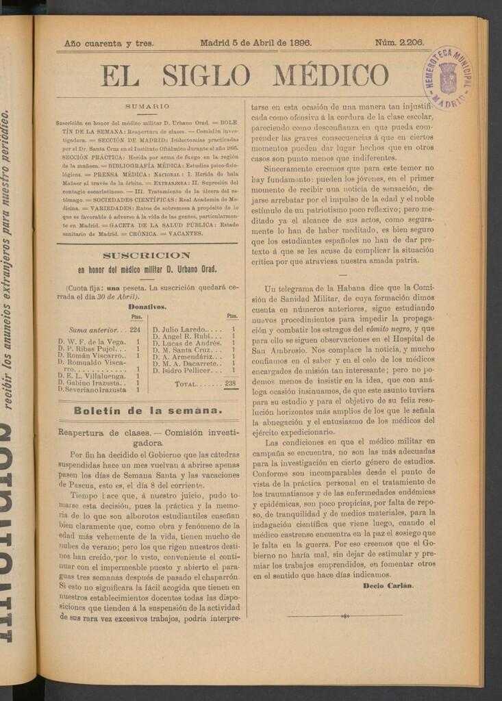 Miniatura de El Siglo Médico: boletín de medicina y gaceta médica del 5 de abril de 1896