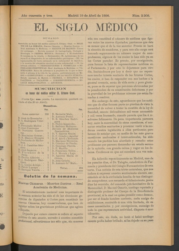 Miniatura de El Siglo Médico: boletín de medicina y gaceta médica del 19 de abril de 1896
