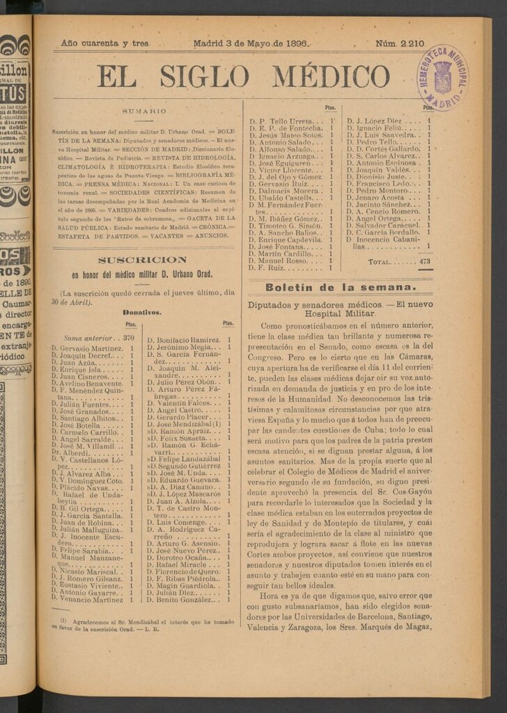 Miniatura de El Siglo Médico: boletín de medicina y gaceta médica del 3 de mayo de 1896