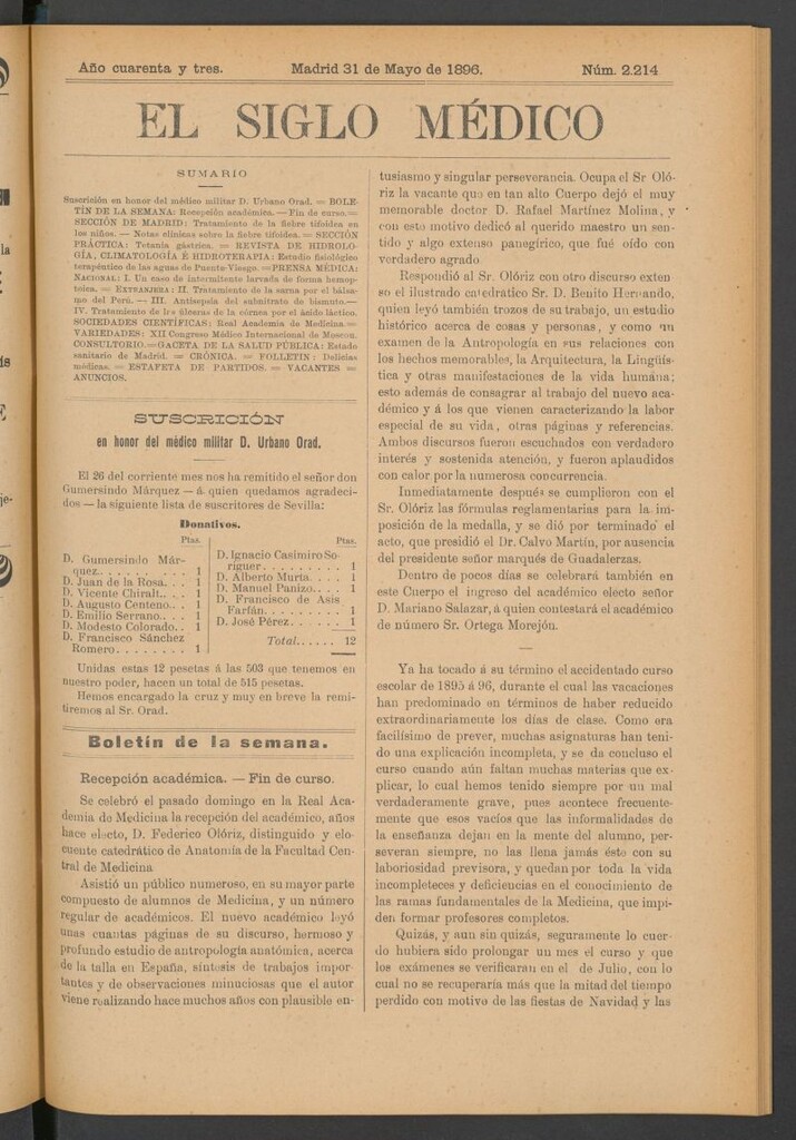 Miniatura de El Siglo Médico: boletín de medicina y gaceta médica del 31 de mayo de 1896