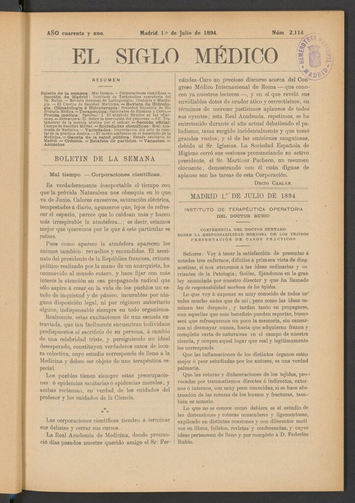 Miniatura de El Siglo Médico : boletín de medicina y gaceta médica del 1 de julio de 1894