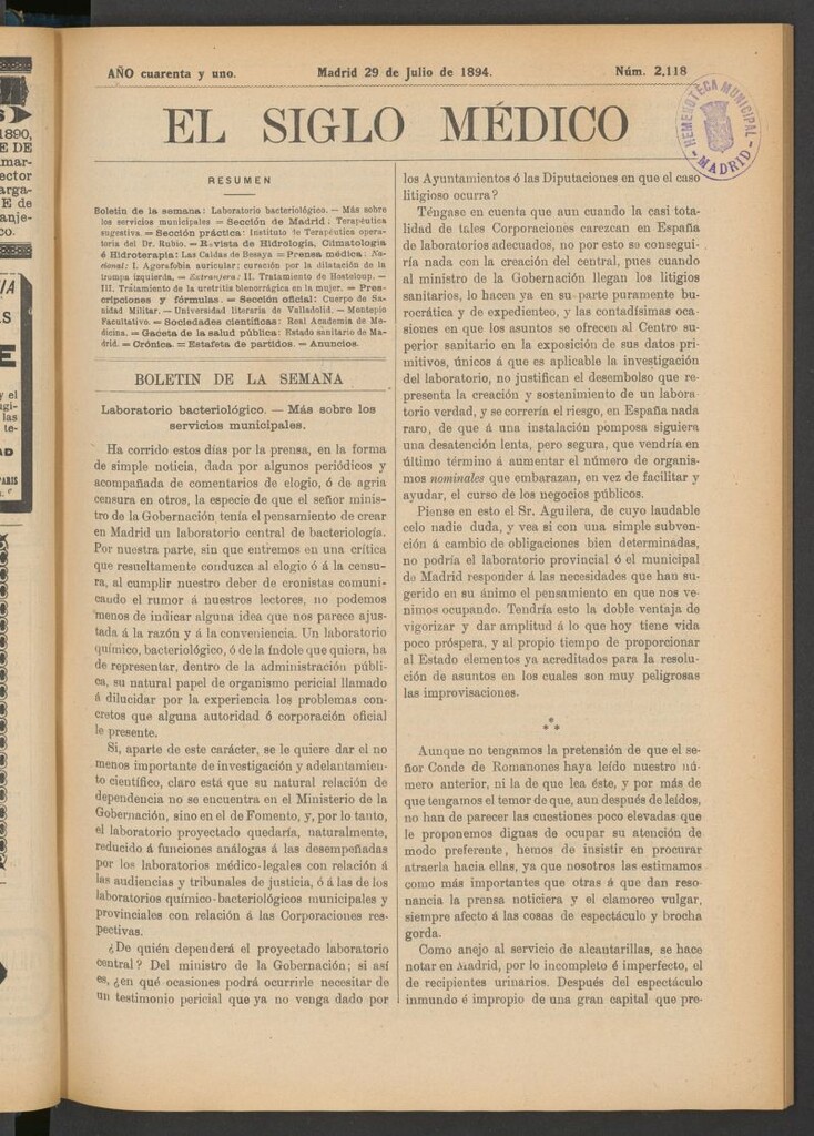 Miniatura de El Siglo Médico : boletín de medicina y gaceta médica del 29 de julio de 1894