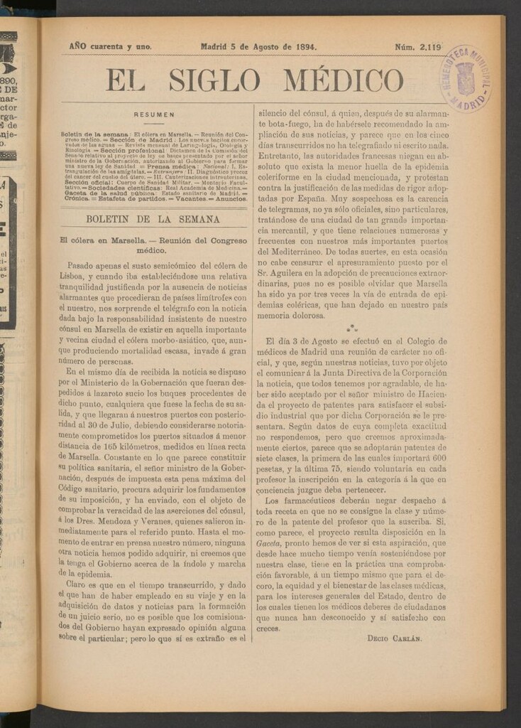Miniatura de El Siglo Médico : boletín de medicina y gaceta médica del 5 de agosto de 1894