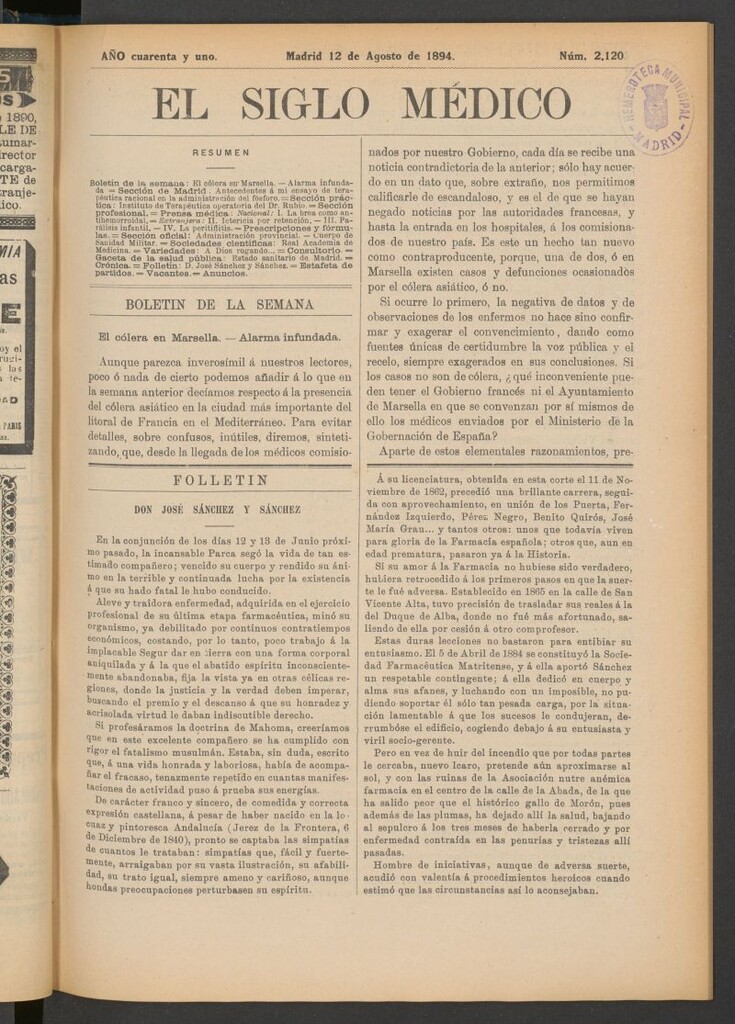Miniatura de El Siglo Médico : boletín de medicina y gaceta médica del 12 de agosto de 1894