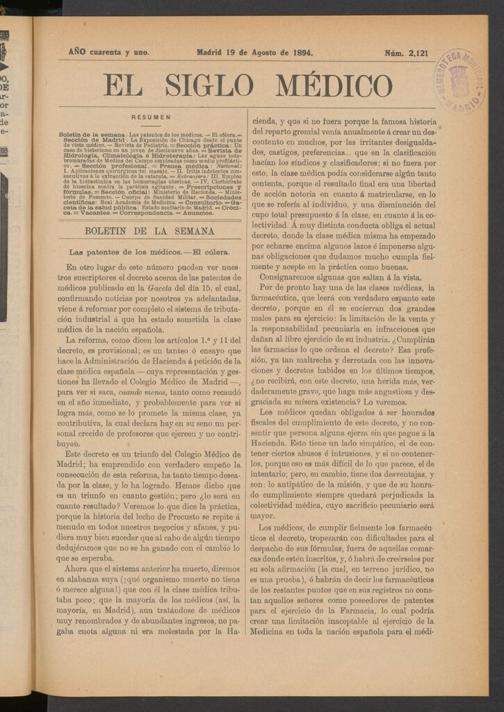 Miniatura de El Siglo Médico : boletín de medicina y gaceta médica del 19 de agosto de 1894