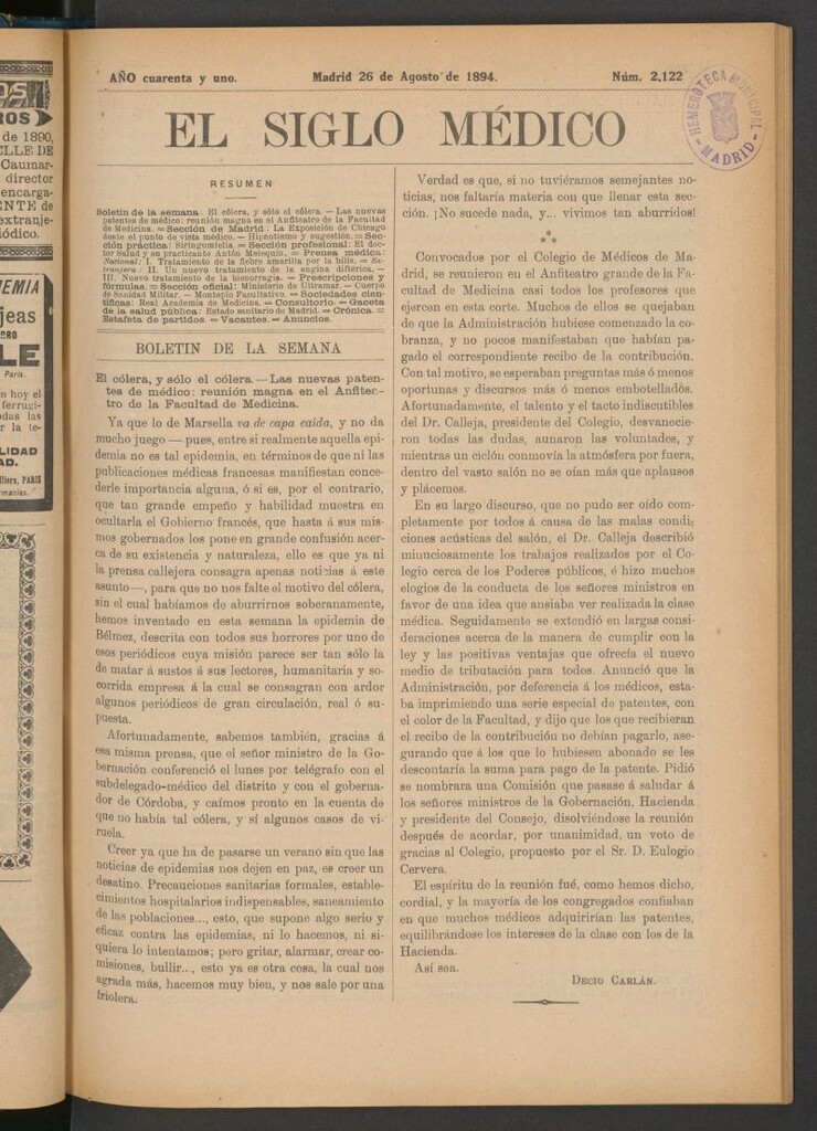 Miniatura de El Siglo Médico : boletín de medicina y gaceta médica del 26 de agosto de 1894