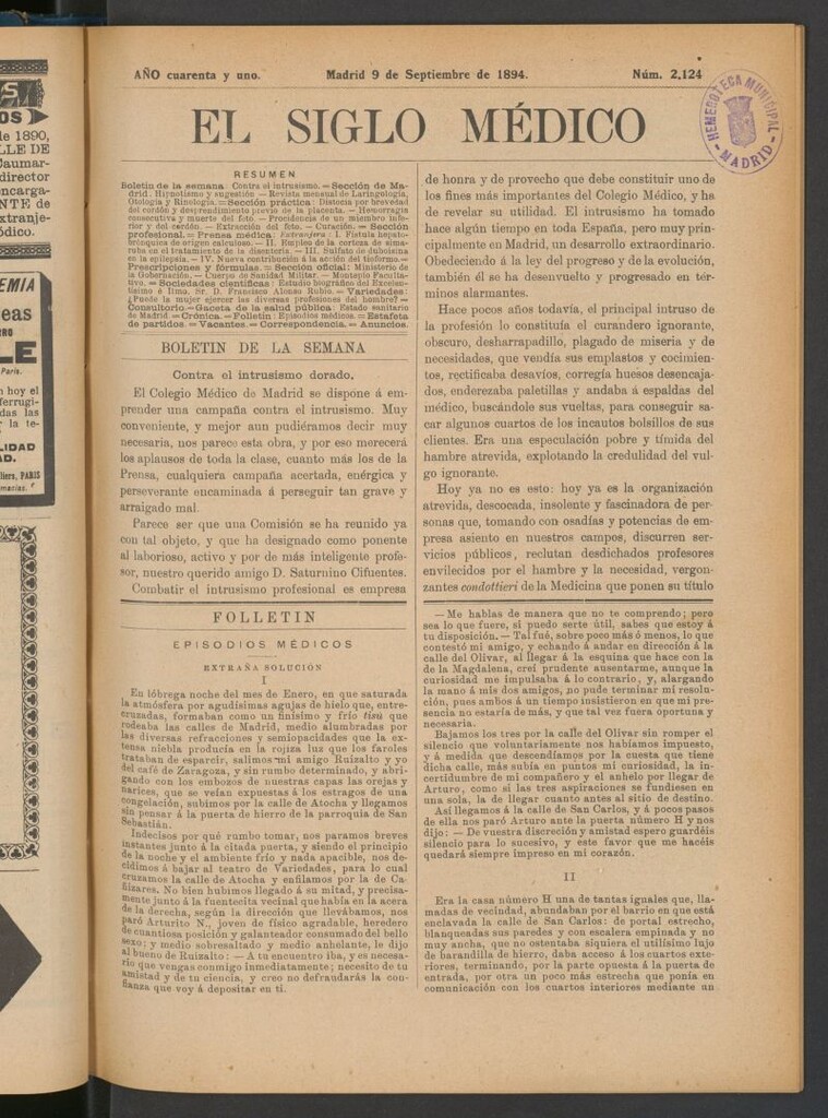 Miniatura de El Siglo Médico : boletín de medicina y gaceta médica del 9 de septiembre de 1894