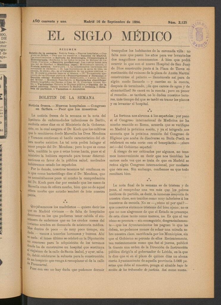 Miniatura de El Siglo Médico : boletín de medicina y gaceta médica del 16 de septiembre de 1894