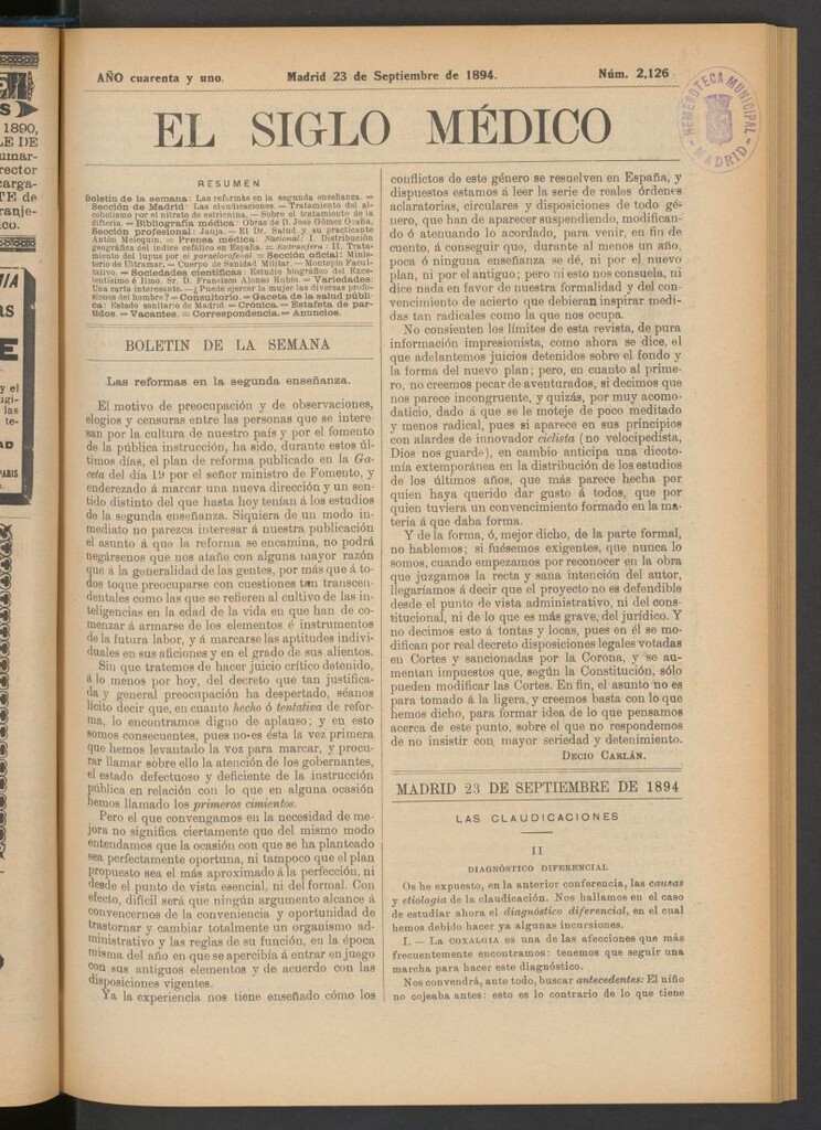 Miniatura de El Siglo Médico : boletín de medicina y gaceta médica del 23 de septiembre de 1894