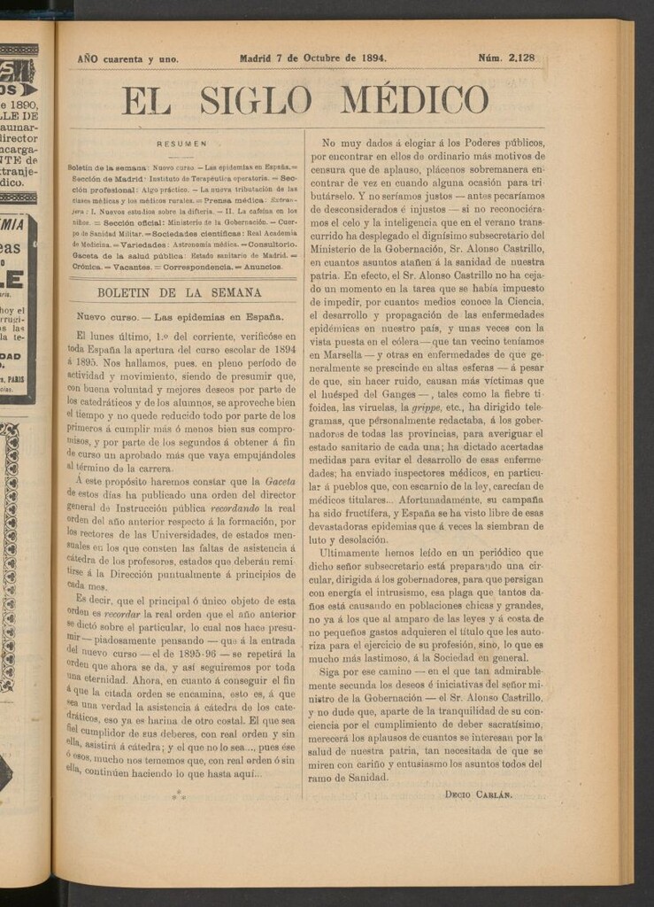 Miniatura de El Siglo Médico : boletín de medicina y gaceta médica del 7 de octubre de 1894