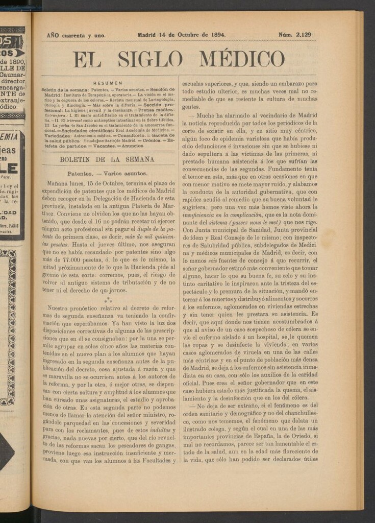 Miniatura de El Siglo Médico : boletín de medicina y gaceta médica del 14 de octubre de 1894