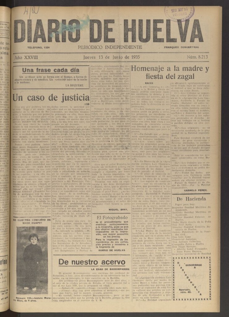 Miniatura de Diario de Huelva : periódico independiente del 13 de junio de 1935