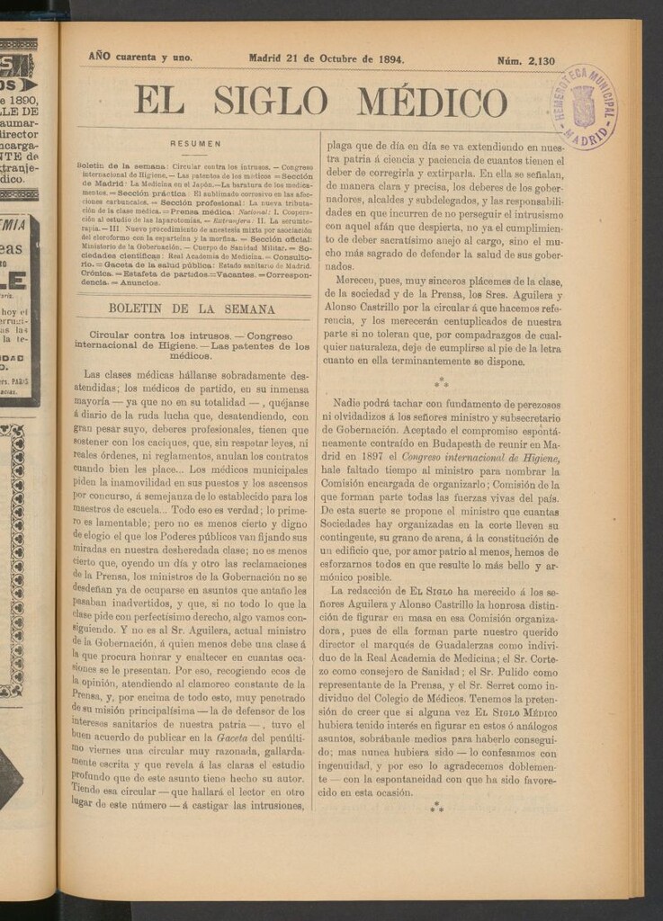 Miniatura de El Siglo Médico : boletín de medicina y gaceta médica del 21 de octubre de 1894