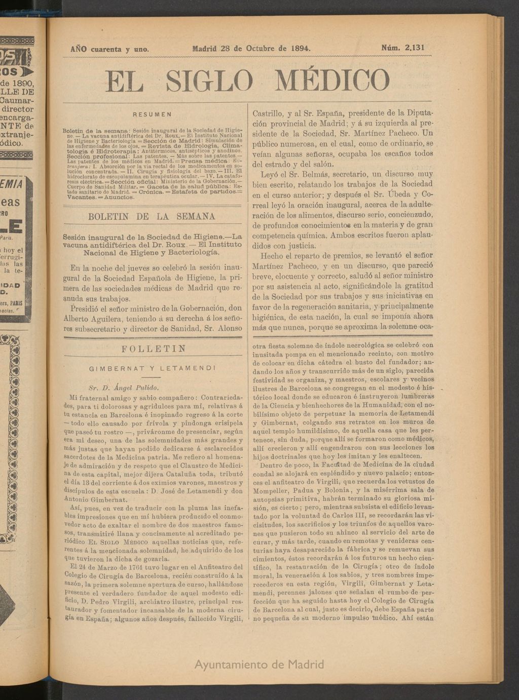 Miniatura de El Siglo Médico : boletín de medicina y gaceta médica del 28 de octubre de 1894