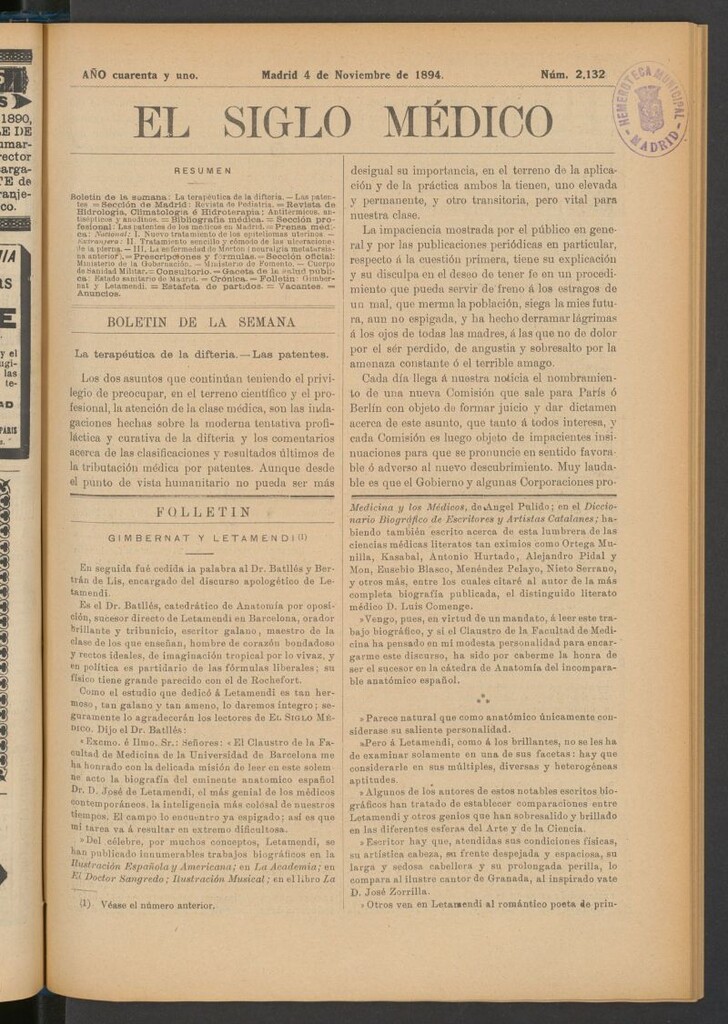 Miniatura de El Siglo Médico : boletín de medicina y gaceta médica del 4 de noviembre de 1894