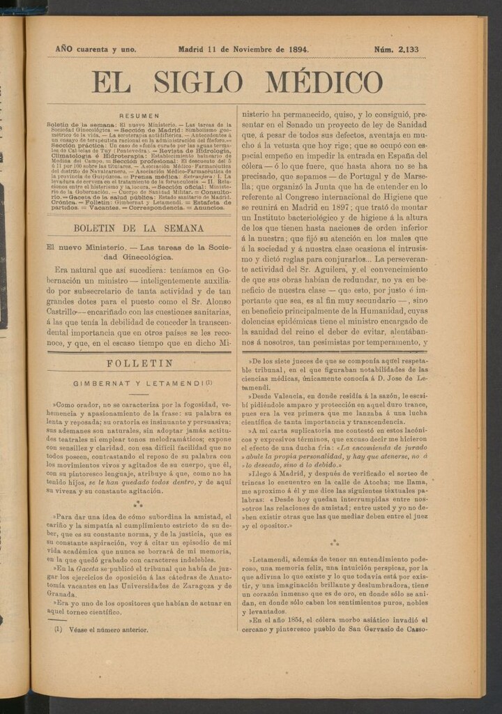 Miniatura de El Siglo Médico : boletín de medicina y gaceta médica del 11 de noviembre de 1894
