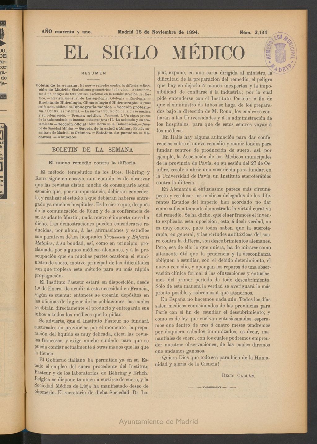Miniatura de El Siglo Médico : boletín de medicina y gaceta médica del 18 de noviembre de 1894