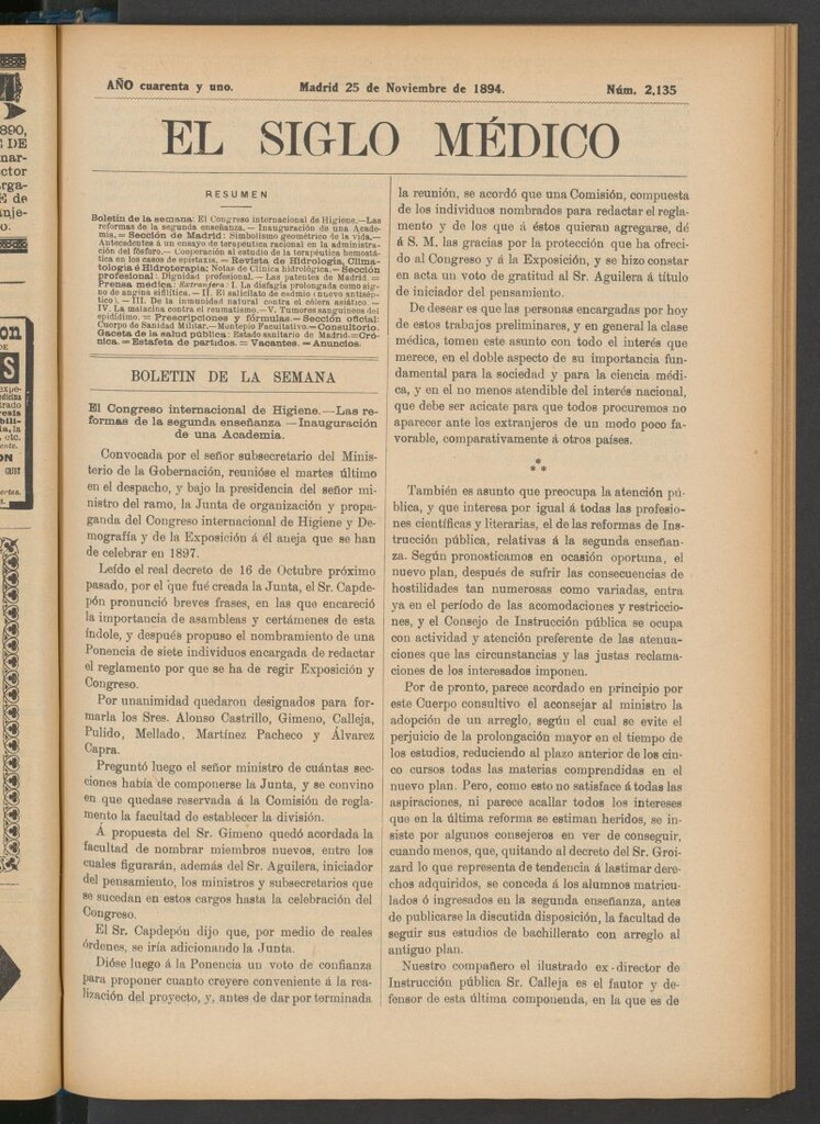 Miniatura de El Siglo Médico : boletín de medicina y gaceta médica del 25 de noviembre de 1894