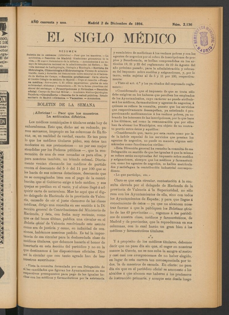 Miniatura de El Siglo Médico : boletín de medicina y gaceta médica del 2 de diciembre de 1894
