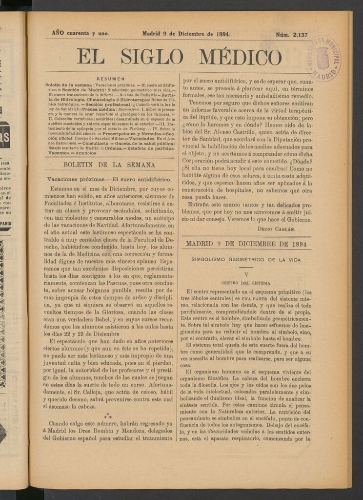 Miniatura de El Siglo Médico : boletín de medicina y gaceta médica del 9 de diciembre de 1894