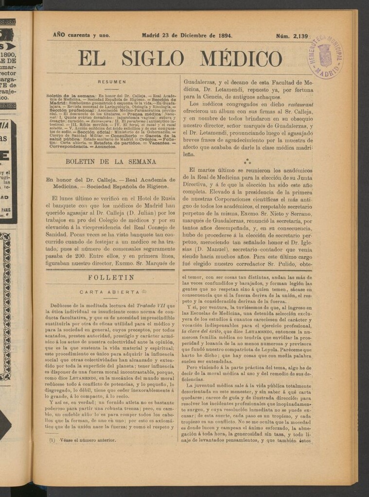 Miniatura de El Siglo Médico : boletín de medicina y gaceta médica del 23 de diciembre de 1894