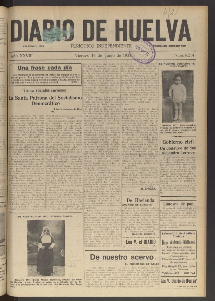 Miniatura de Diario de Huelva : periódico independiente del 14 de junio de 1935