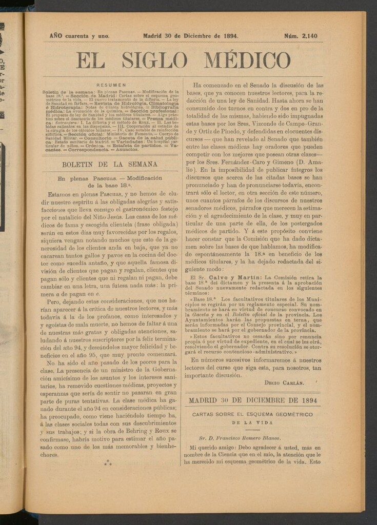 Miniatura de El Siglo Médico : boletín de medicina y gaceta médica del 30 de diciembre de 1894