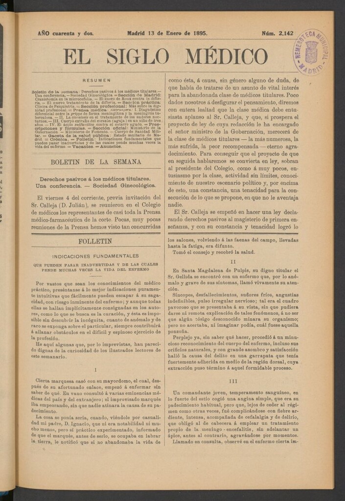 Miniatura de El Siglo Médico : boletín de medicina y gaceta médica del 13 de enero de 1895