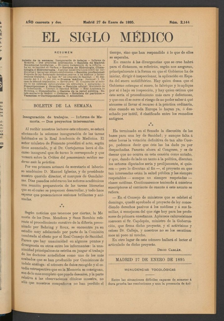 Miniatura de El Siglo Médico : boletín de medicina y gaceta médica del 27 de enero de 1895