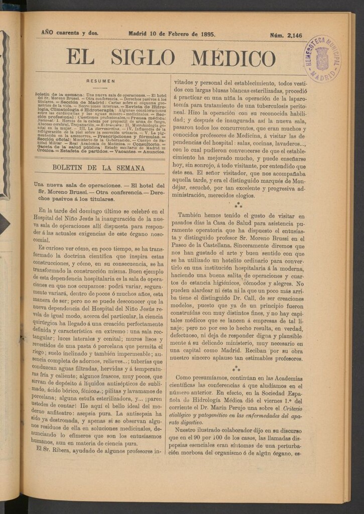 Miniatura de El Siglo Médico : boletín de medicina y gaceta médica del 10 de febrero de 1895