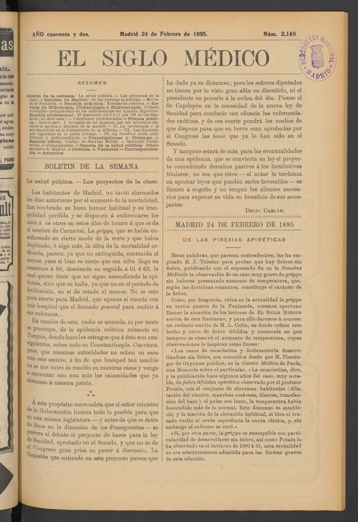 Miniatura de El Siglo Médico : boletín de medicina y gaceta médica del 24 de febrero de 1895