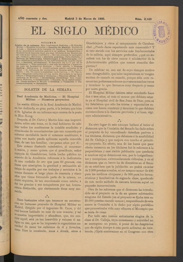 Miniatura de El Siglo Médico : boletín de medicina y gaceta médica del 3 de marzo de 1895
