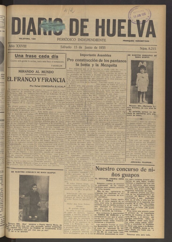 Miniatura de Diario de Huelva : periódico independiente del 15 de junio de 1935