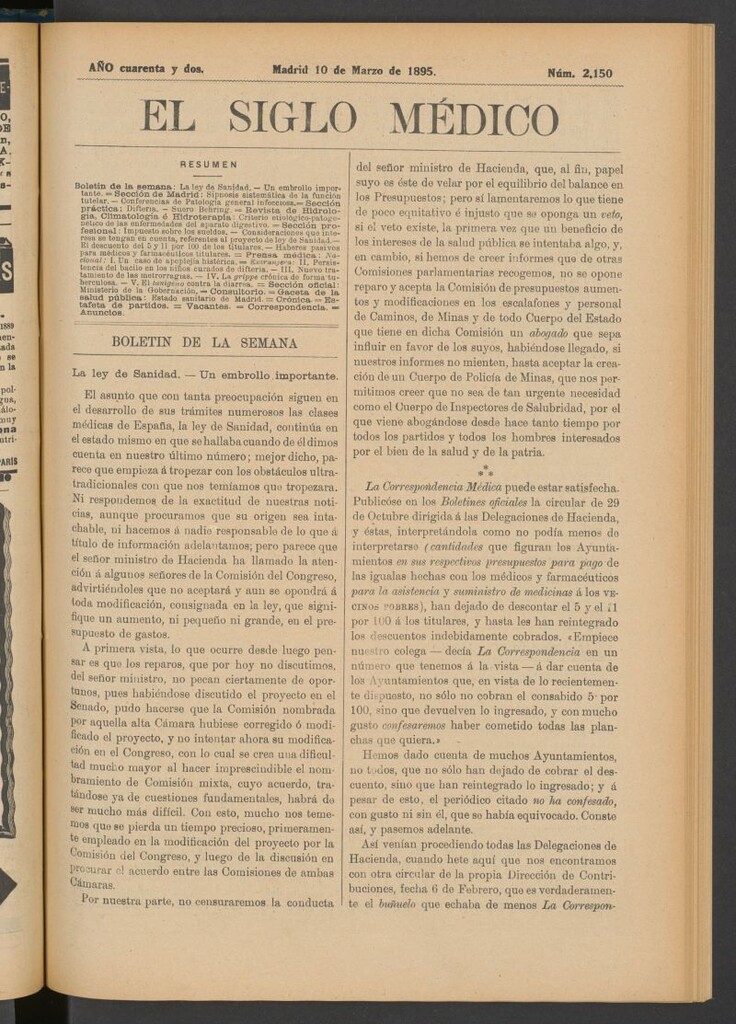 Miniatura de El Siglo Médico : boletín de medicina y gaceta médica del 10 de marzo de 1895