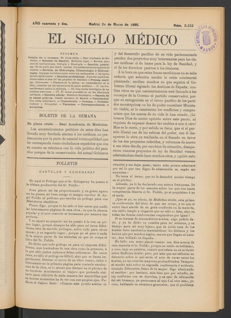 Miniatura de El Siglo Médico : boletín de medicina y gaceta médica del 24 de marzo de 1895