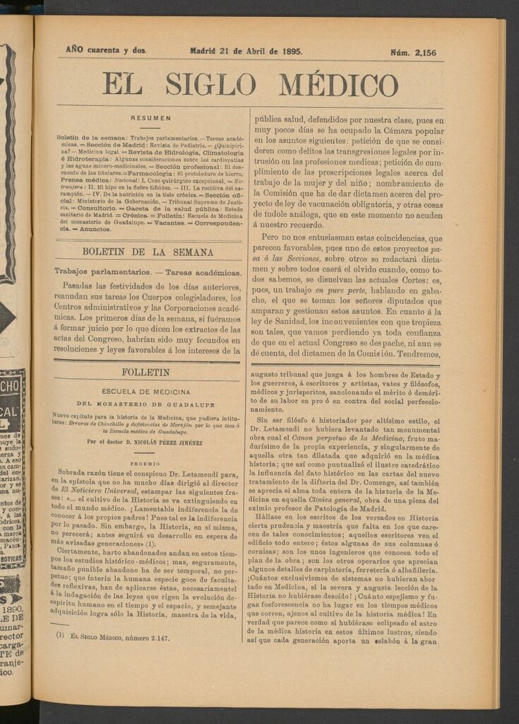 Miniatura de El Siglo Médico : boletín de medicina y gaceta médica del 21 de abril de 1895