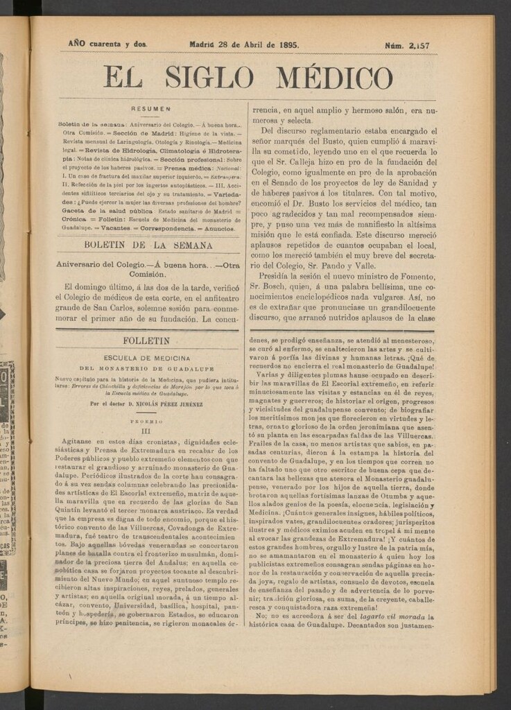 Miniatura de El Siglo Médico : boletín de medicina y gaceta médica del 28 de abril de 1895