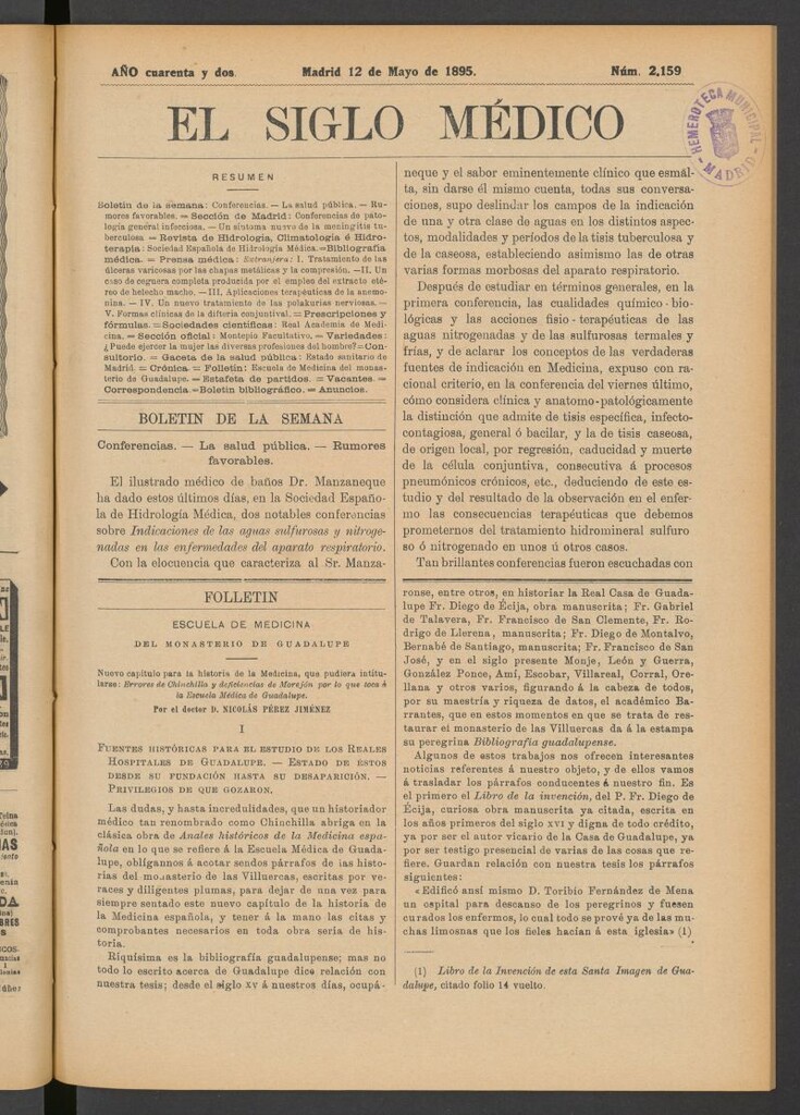 Miniatura de El Siglo Médico : boletín de medicina y gaceta médica del 12 de mayo de 1895
