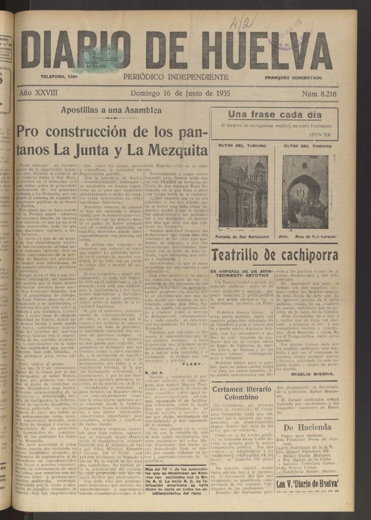 Miniatura de Diario de Huelva : periódico independiente del 16 de junio de 1935